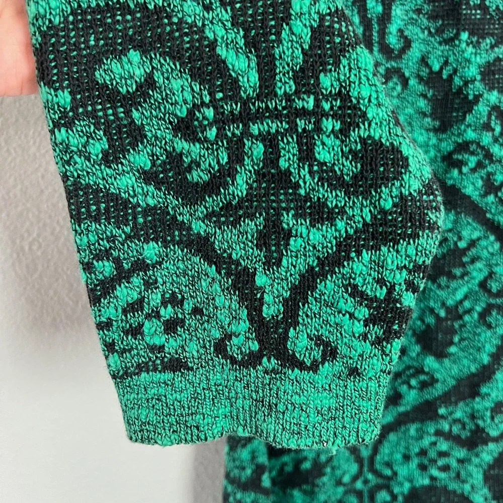 Beldoch Popper VTG Green Black Damask Fleur De Lis Knit Sweater LRG Made in USA‎